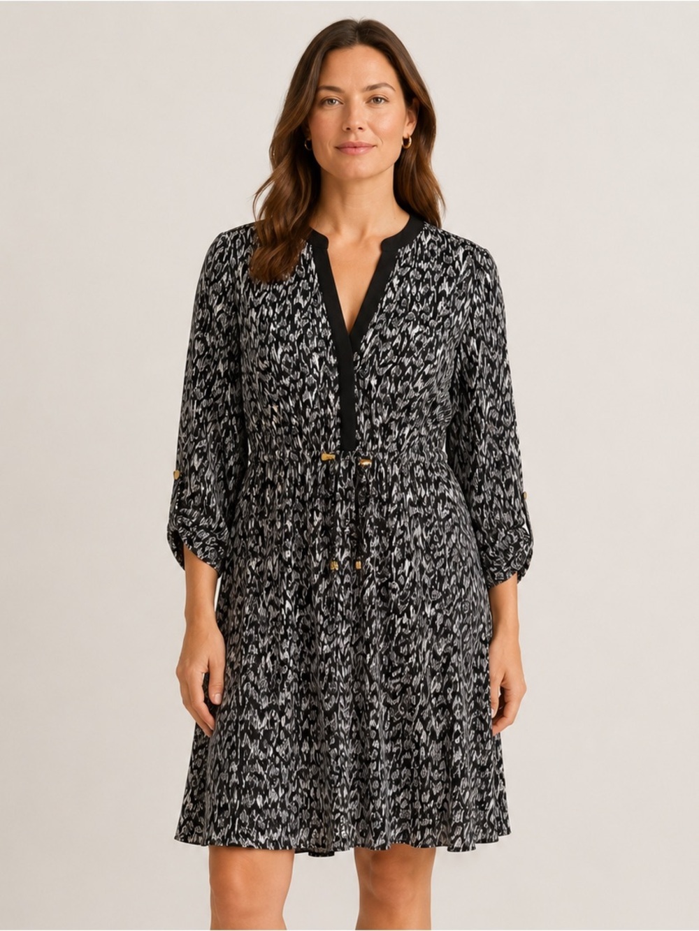 H&M Black White Printed Drawstring Waist Shirt Dress Size 14